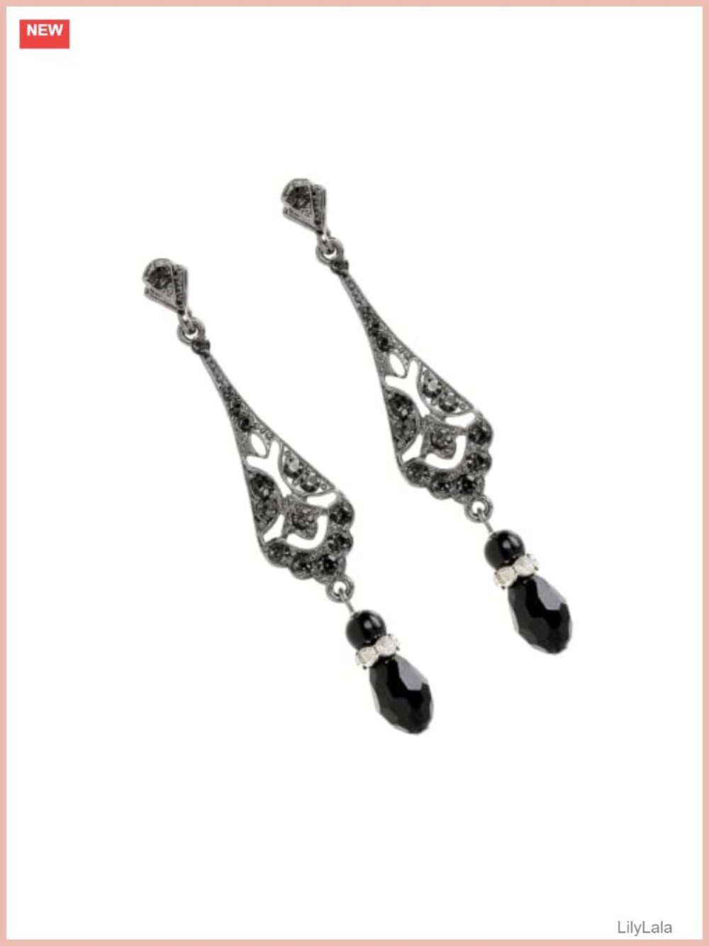 Art Deco Rhinestone Teardrop Dangle Earrings with Imitation Pearl Silver Tone